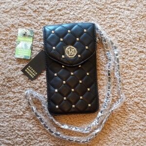 Badgley Mischka Black Quilted Phone Holder Bag with Silver Tone Chain